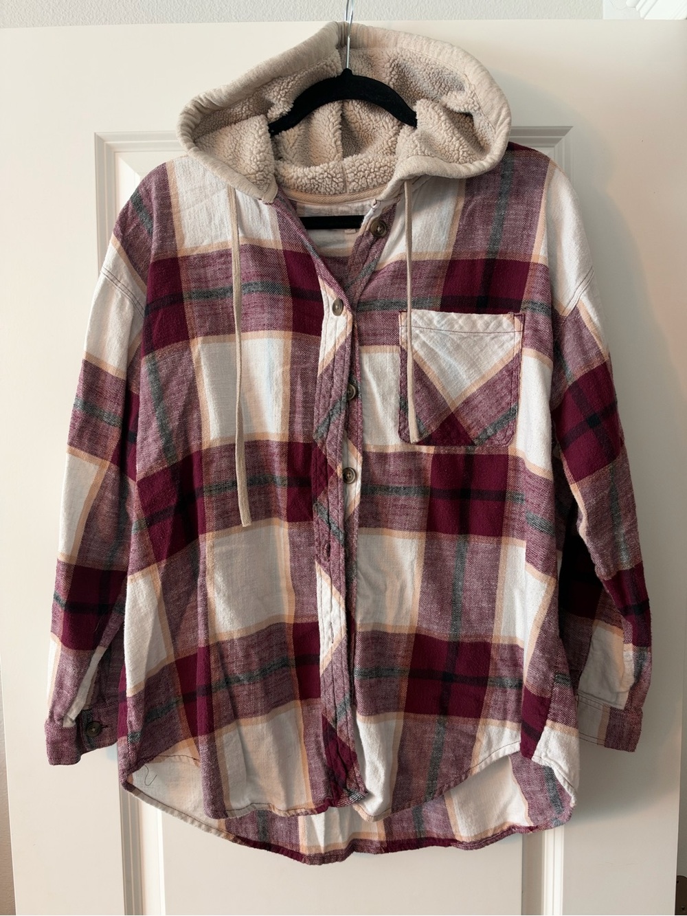 Maurices Burgundy & Cream Plaid Teddy Hooded Shirt Jacket